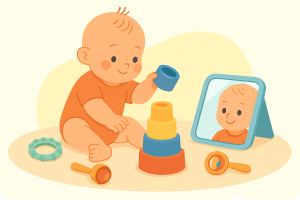 Sechs Monate altes Baby spielt mit Greifring, Rassel, Stapelbechern und Spiegel