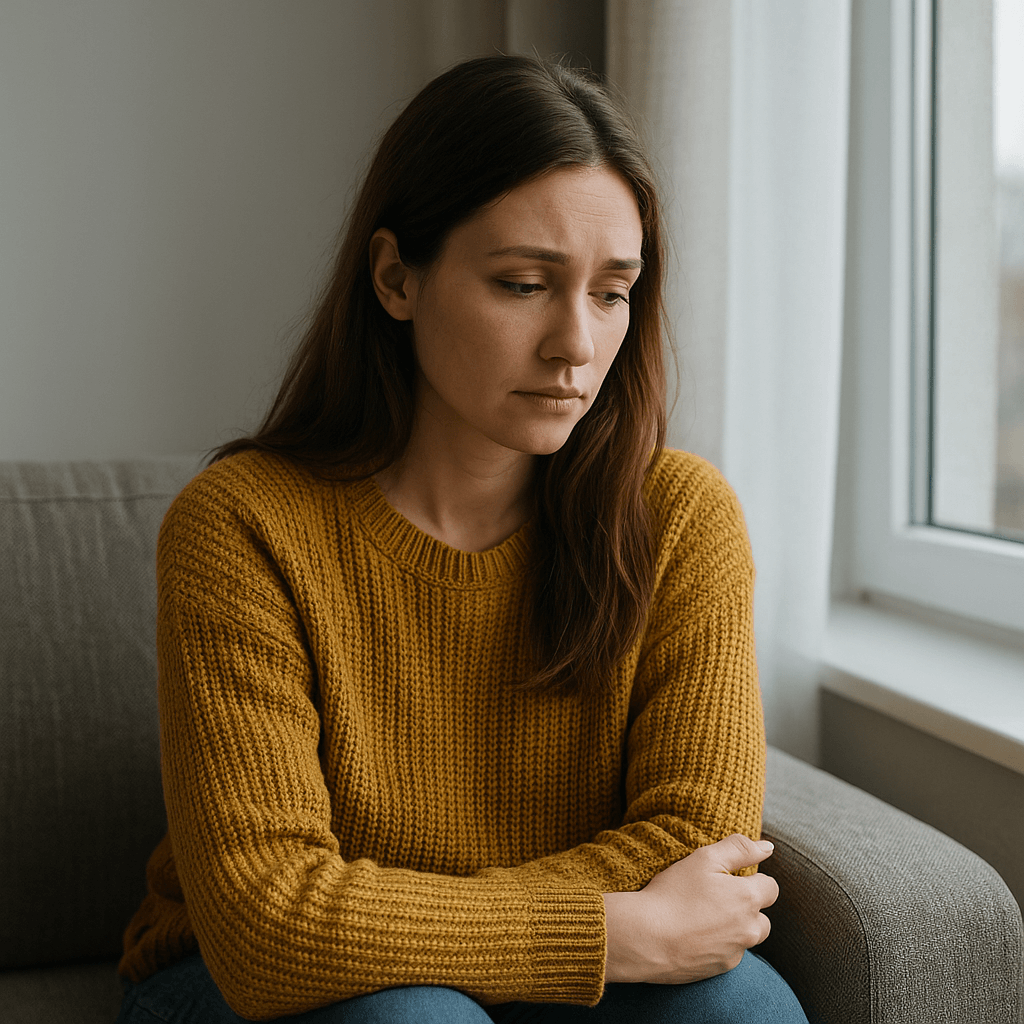 Junge Frau sitzt nachdenklich am Fenster – Symbolbild für Angst vor dem Alleinsein überwinden