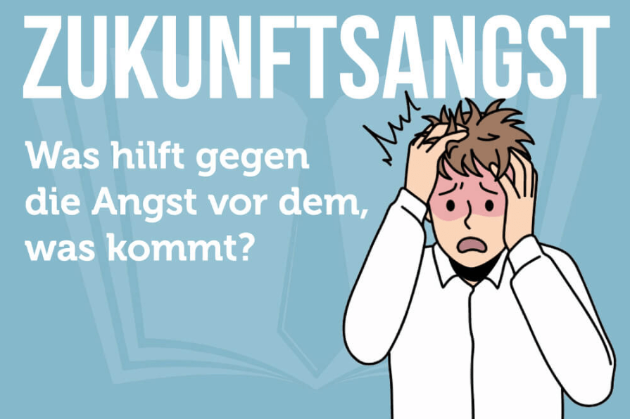 Zukunftsangst Illustration – Mann mit Sorgen und Gedankenkarussell fragt: Was hilft gegen die Angst vor dem, was kommt?