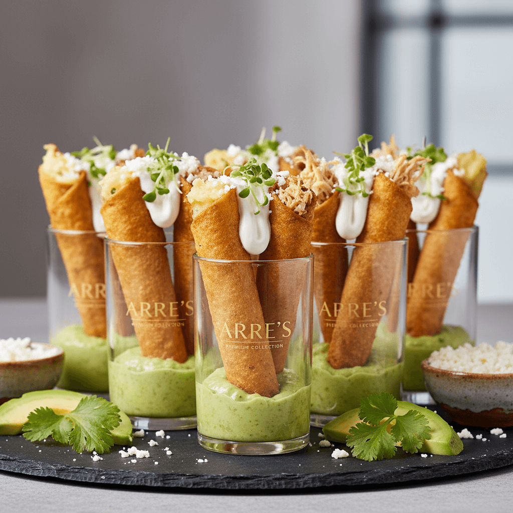 Premium Tacos Dorados bei Arre Mexican Essen - knusprig gebratene Mais-Tortillas mit Guacamole