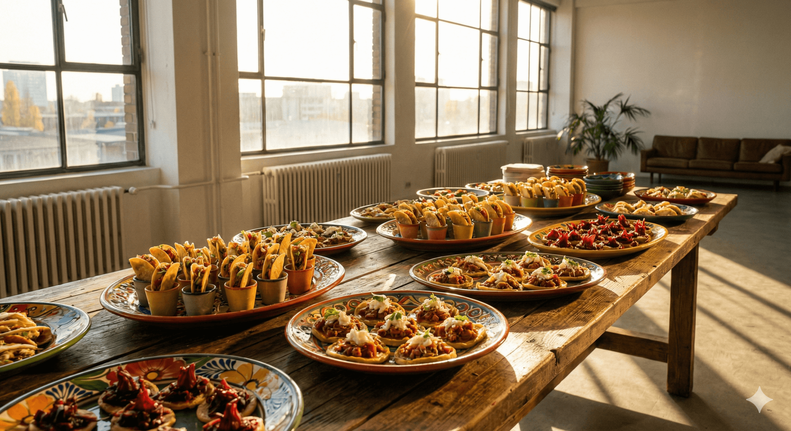 Buntes mexikanisches Buffet mit vielfältigen Fingerfood-Optionen auf rustikalem Tisch in Loft-Ambiente