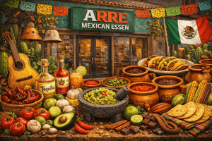 „ARRE Mexican Essen: mexikanisches Street-Food-Motiv mit Tacos, Guacamole, Tortillas, Bohnen, Chilis, Limetten und mexikanischer Flagge vor dem Laden.“