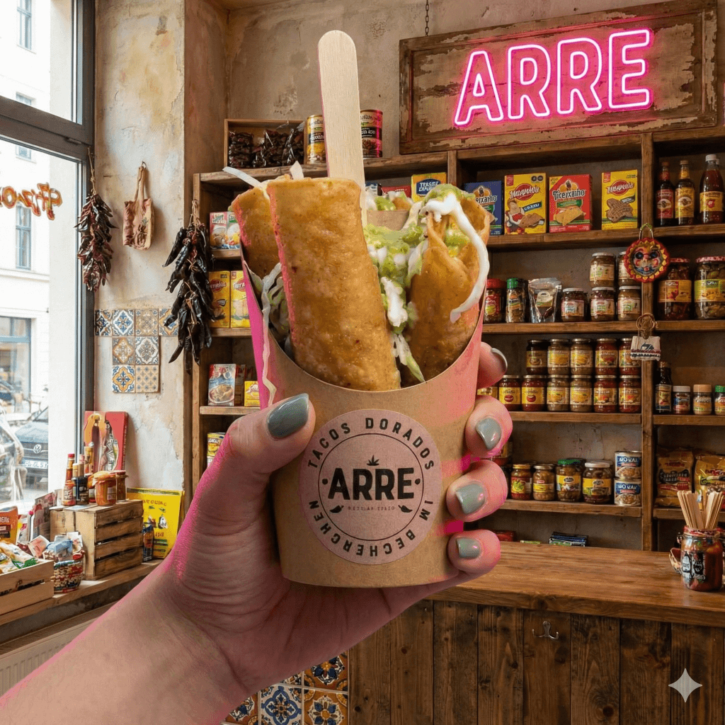 Hand hält Becher mit knusprigen Tacos Dorados und Salsa Verde vor Arre Tienda in Berlin Charlottenburg