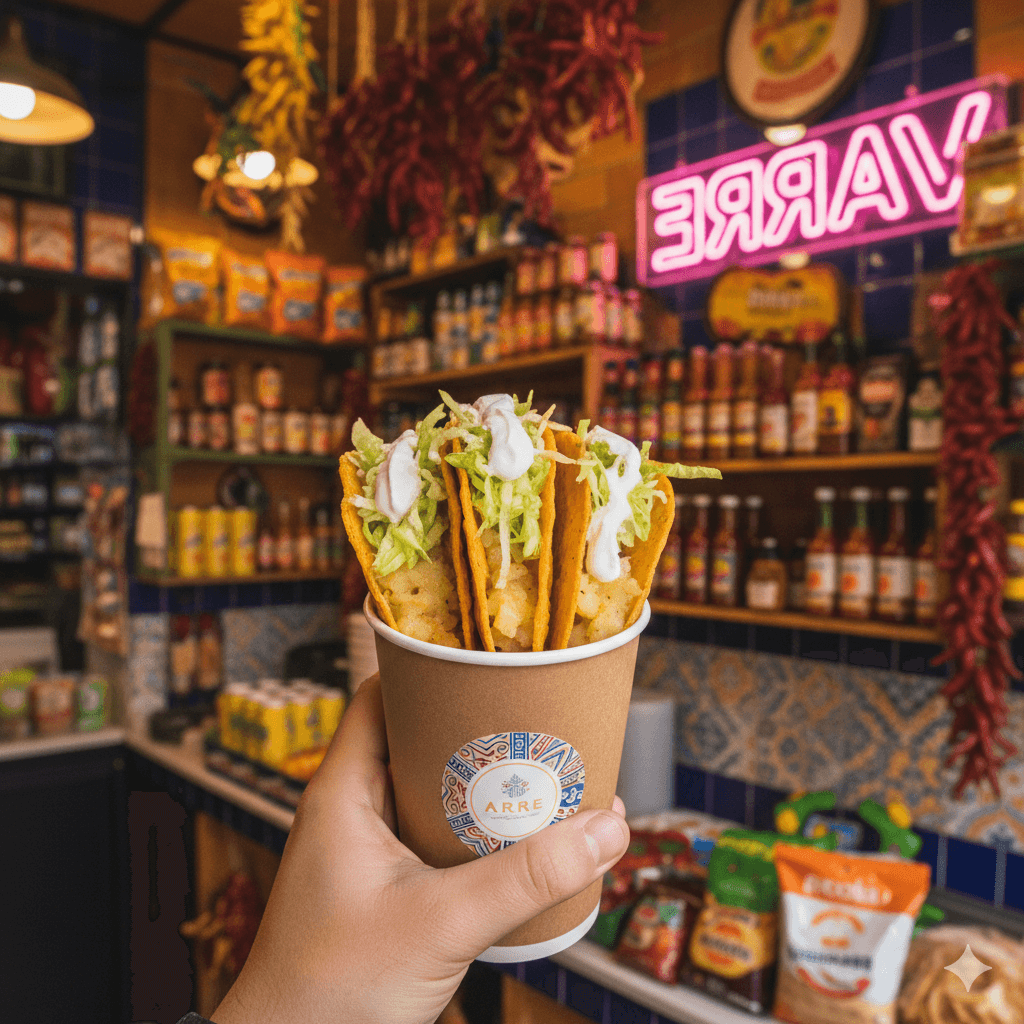 Knusprige Tacos Dorados im Becher mit Salsa in der Arre Tienda in Berlin‑Charlottenburg