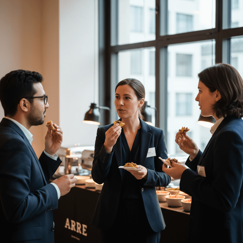 Premium Business-Catering Buffet mit Walking Menu von Arre in Berlin für stilvolle Networking-Events und moderne Firmenfeiern.