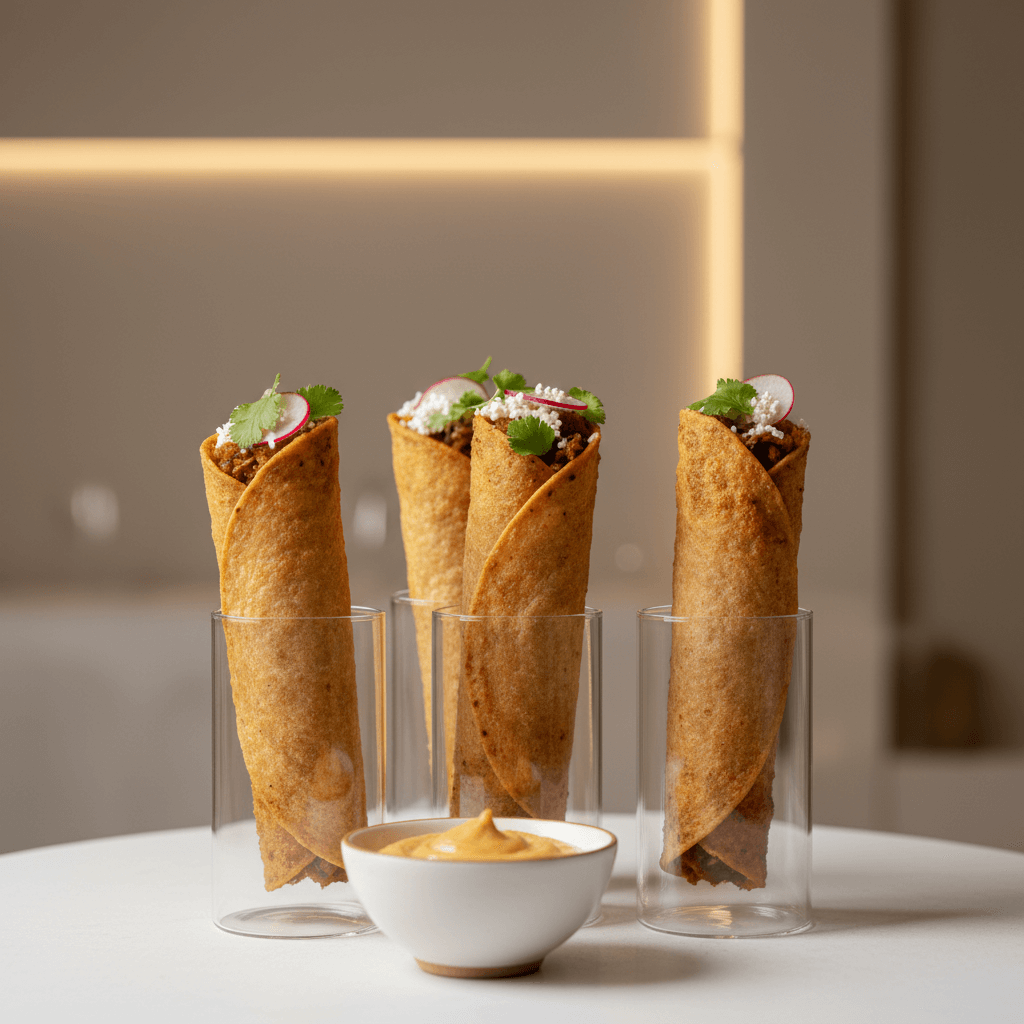 Knusprige handgerollte Tacos Dorados elegant präsentiert bei Arre Premium-Catering für Business-Events in Berlin.