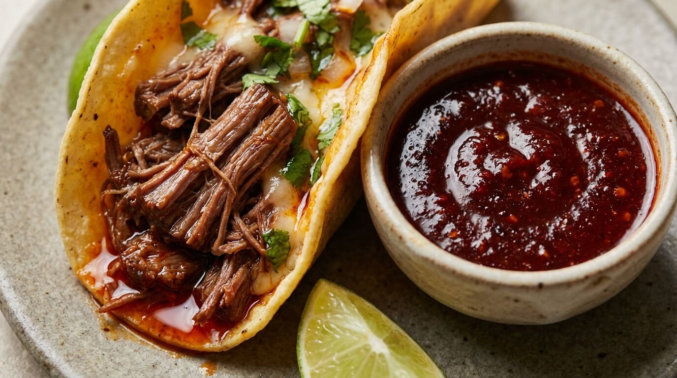 Makroaufnahme eines saftigen Birria Tacos mit zartem Rindfleisch, serviert mit einer Schale authentischer, tiefroter Chamoy-Sauce und Limettenspalten.