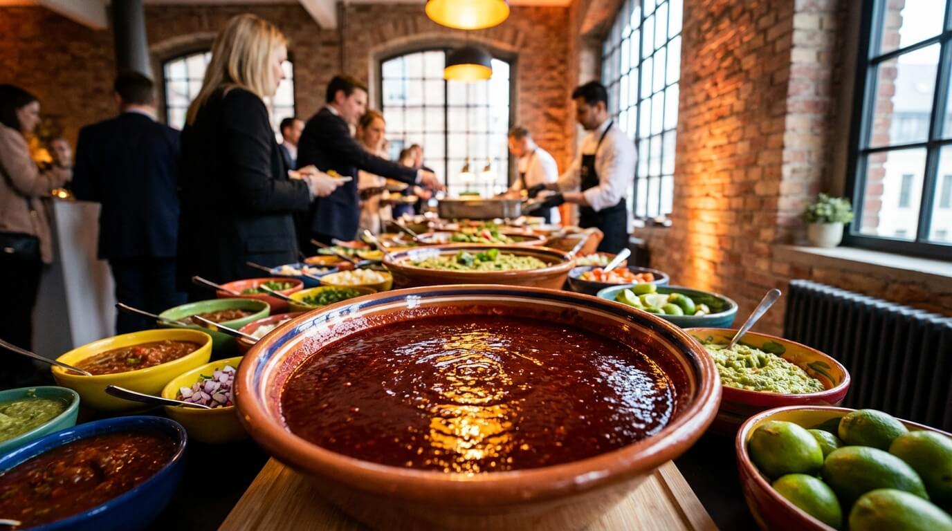 Ein elegantes mexikanisches Taquiza-Buffet bei einem Event in Berlin mit bunten Keramikschalen, Salsas und einer zentralen Chamoy-Sauce.